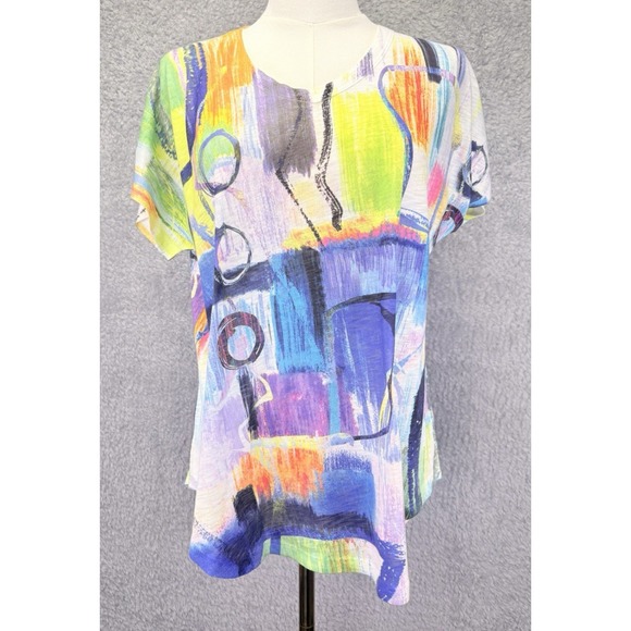 Jess & Jane Tops - Jess & Jane Womens S Abstract Art to Wear Top Short Sleeve V Neck Colorful Boho